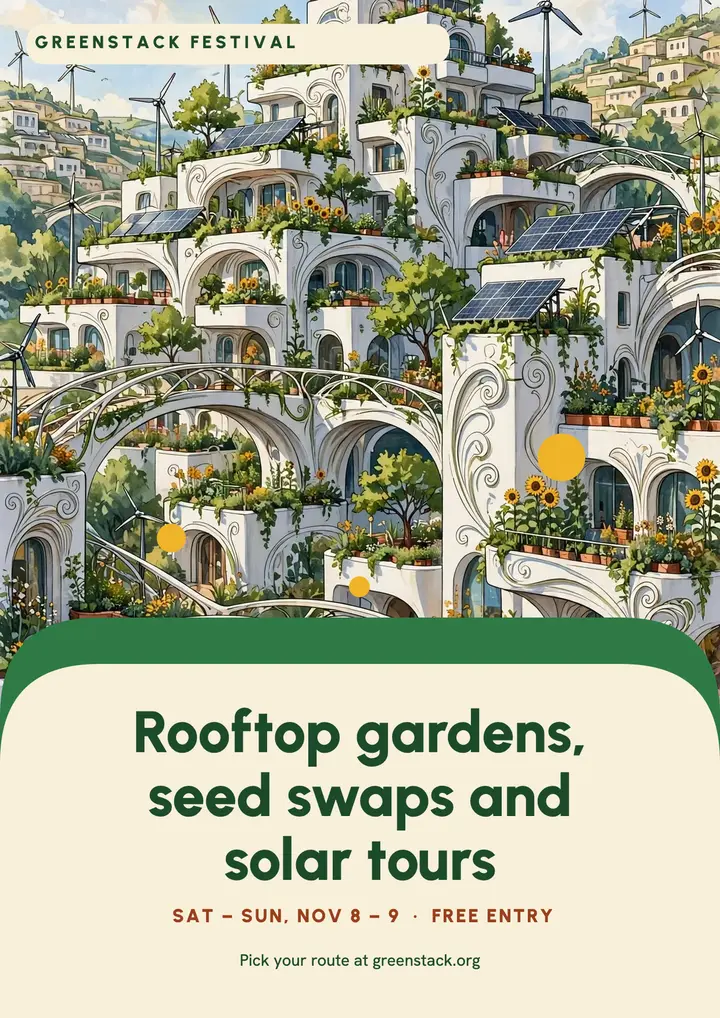 Rooftop garden weekend flyer, solarpunk city template