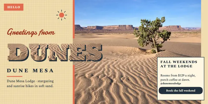 Greetings from Dune Mesa postcard post: dune greetings post template
