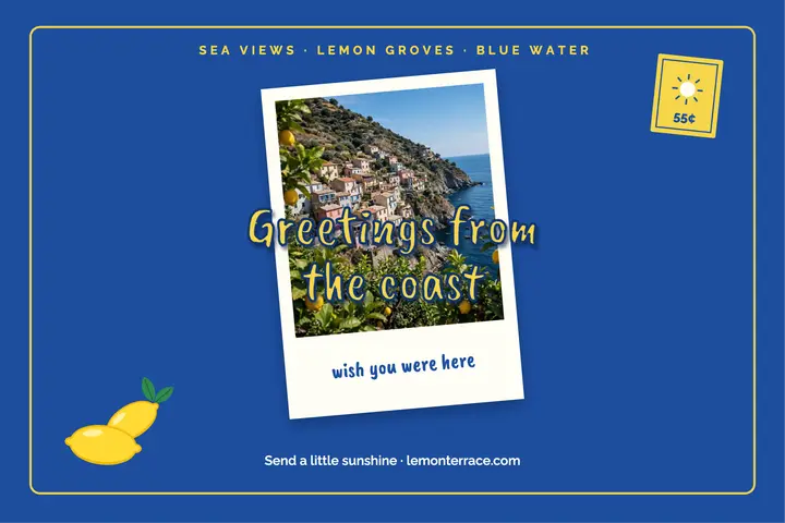 Lemon and sea blue greetings from the coast postcard template