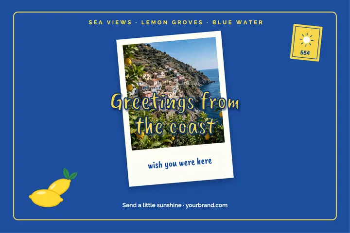 Lemon and sea blue greetings from the coast postcard template