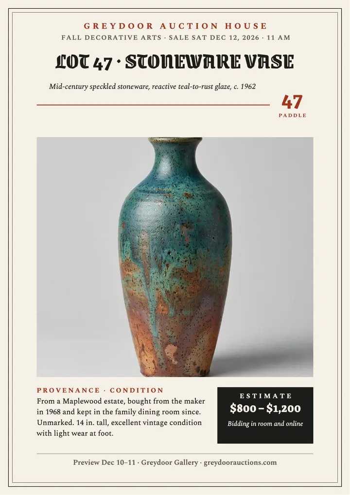Greydoor Lot 47 stoneware vase flyer template