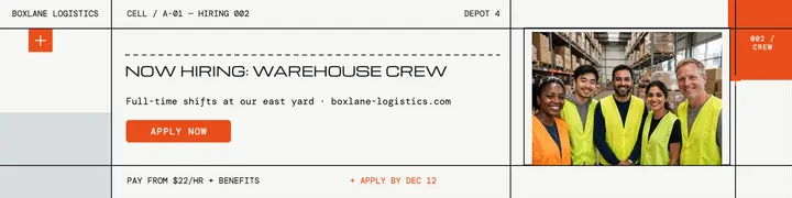 Boxlane warehouse crew hiring banner: warehouse hiring banner template