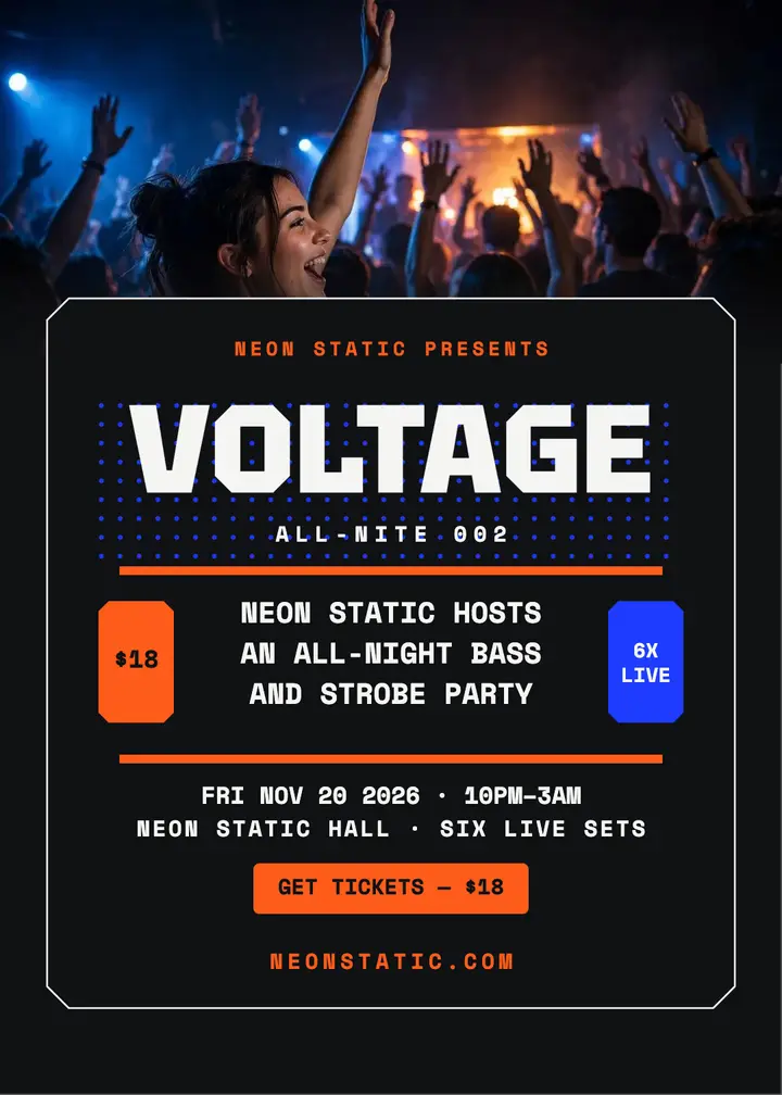 Neon Static all-night electro invitation template
