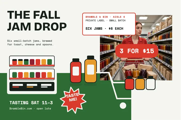 Bramble and Bin fall jam drop postcard: jam launch postcard template