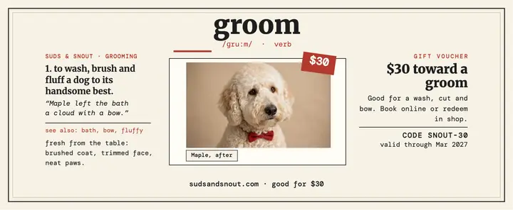 Suds and Snout groom defined voucher template
