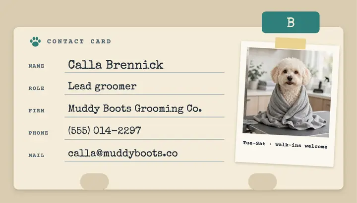 Muddy Boots groomer card-file business card template