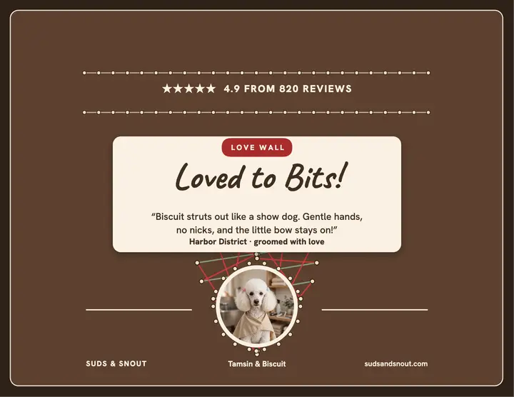 Suds and Snout love wall reviews flyer: dog groomer review flyer template