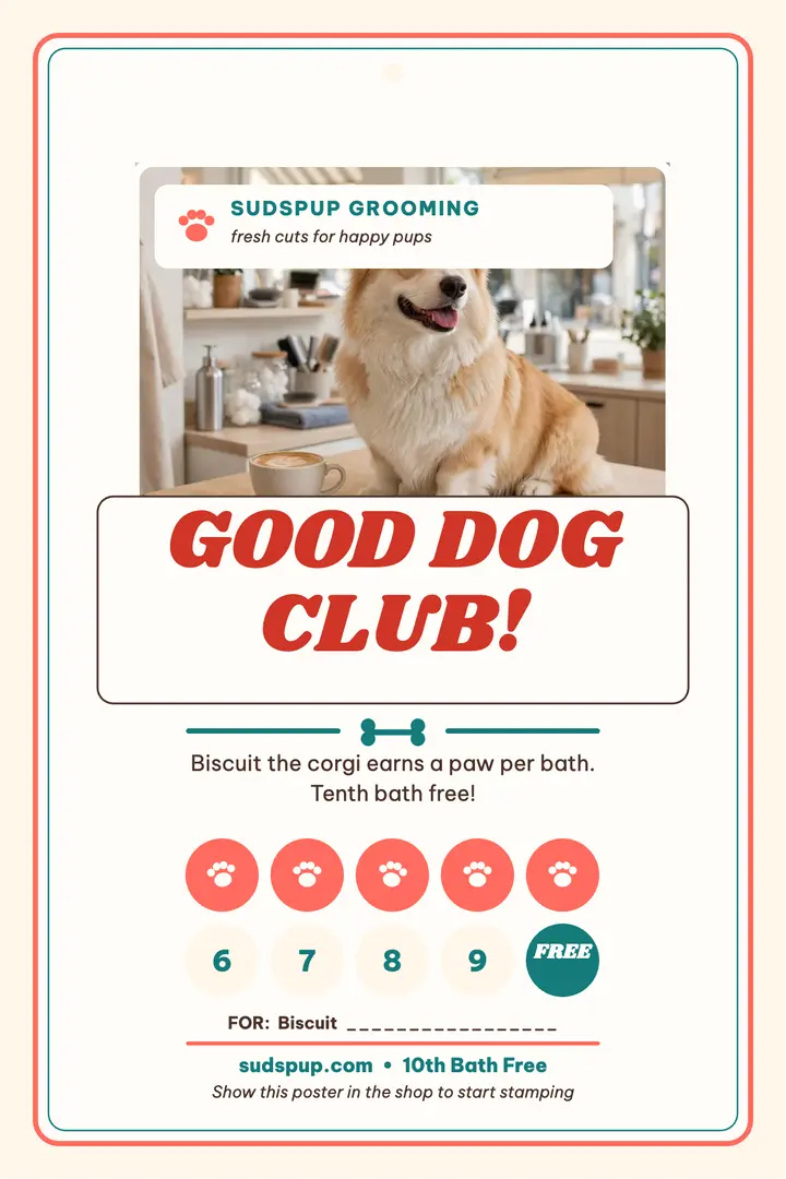 Sudspup groomer loyalty card poster template