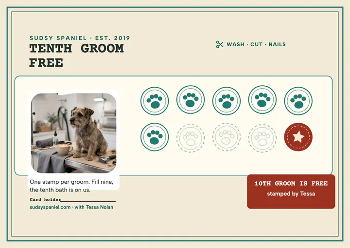 Sudsy Spaniel tenth groom free card template