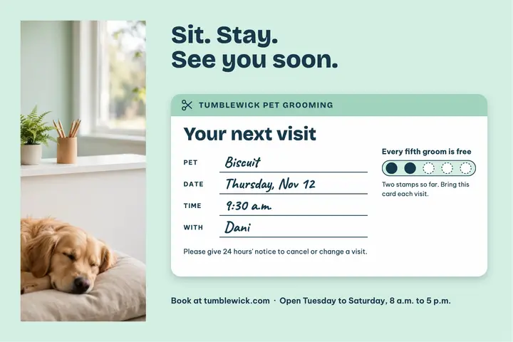 Tumblewick pet grooming next-visit card postcard template