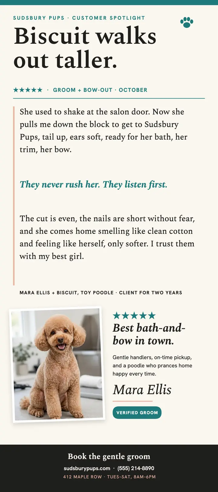 Sudsbury Pups customer spotlight rack card: dog groomer review template
