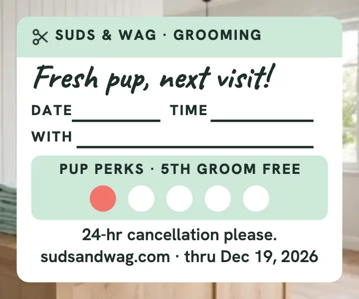 Suds and Wag next visit card: groomer appointment card template