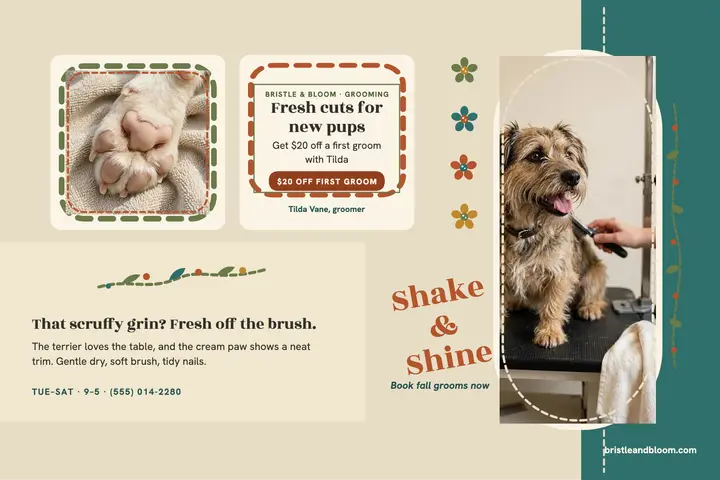 Bristle and Bloom grooming invite postcard template