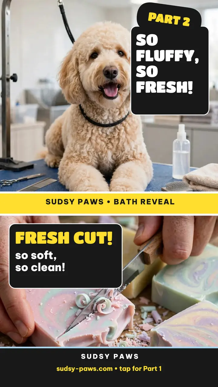 Sudsy Paws grooming reveal split story: dog grooming reveal story template