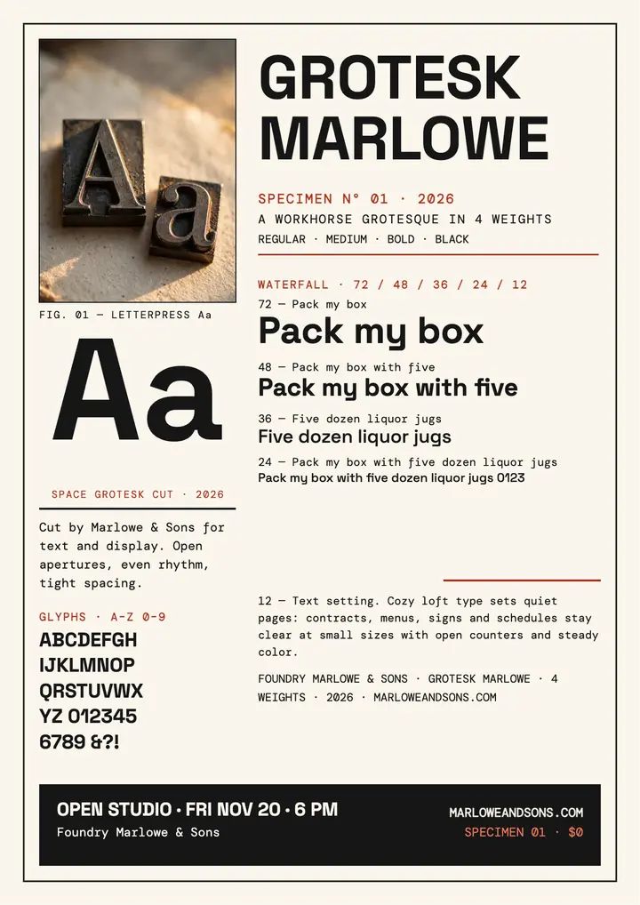 Grotesk Marlowe specimen flyer template