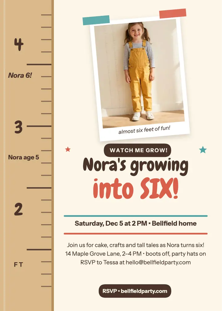 Nora grow-tall sixth birthday invitation template