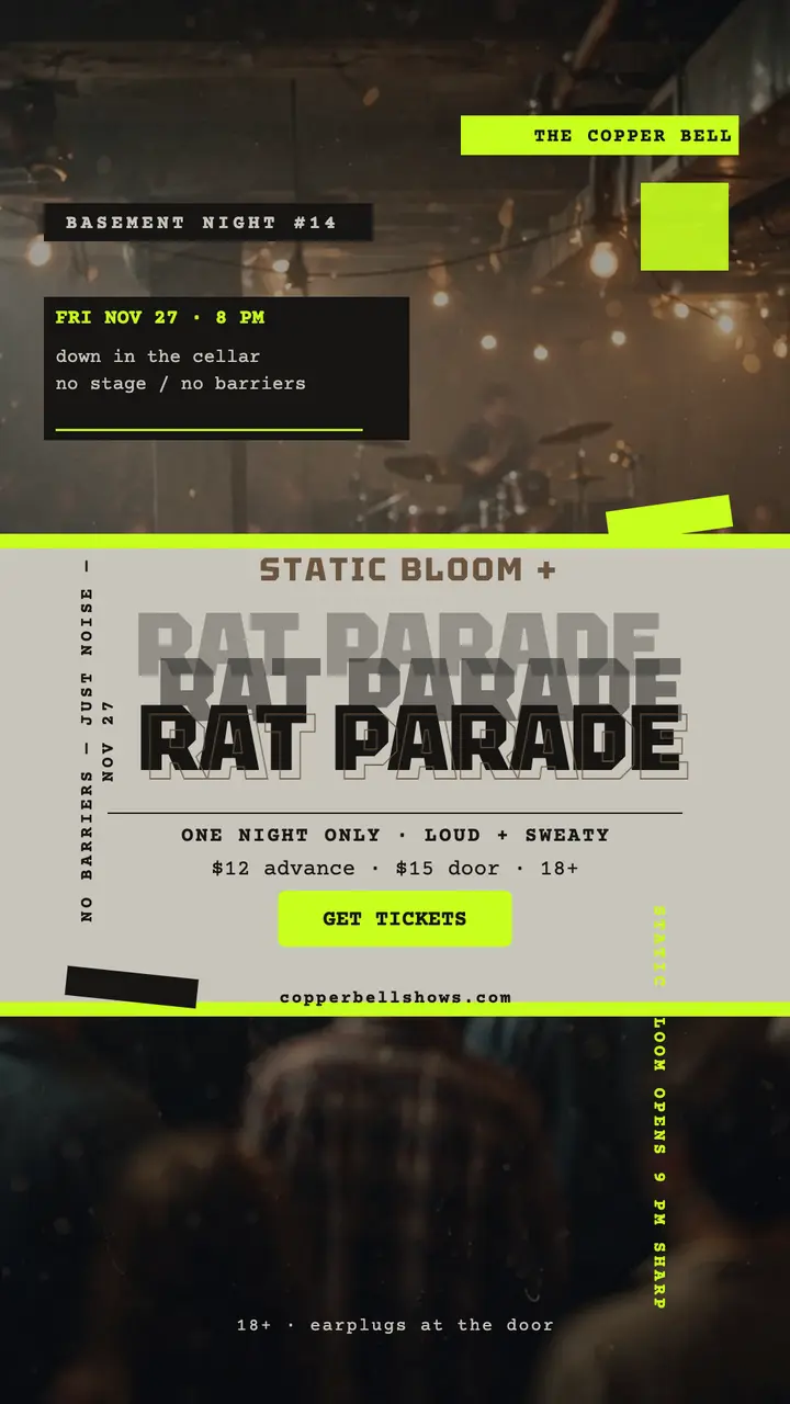 Rat Parade basement gig grunge story: punk gig story template
