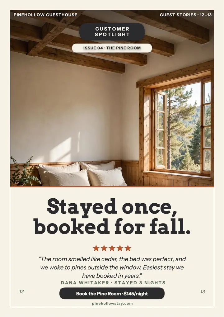 Pinehollow Guesthouse spotlight spread flyer template