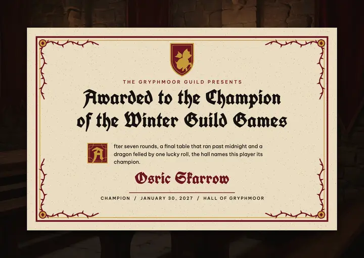 Winter Guild Games champion certificate, future medieval template