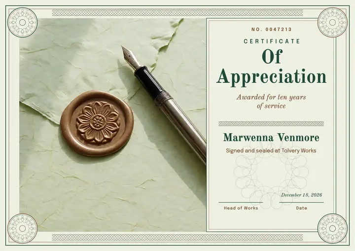 Tolvery Works appreciation certificate, guilloche template