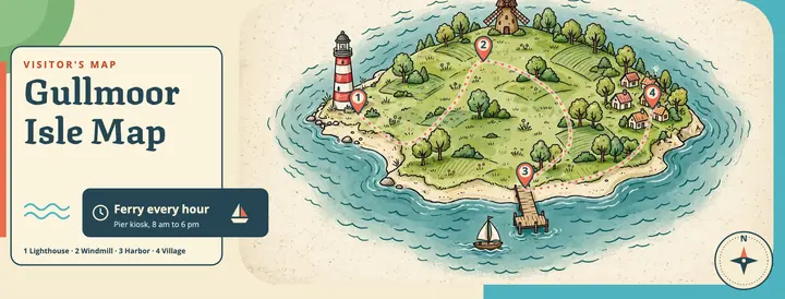 Gullmoor Isle visitor map cover, pictorial map template