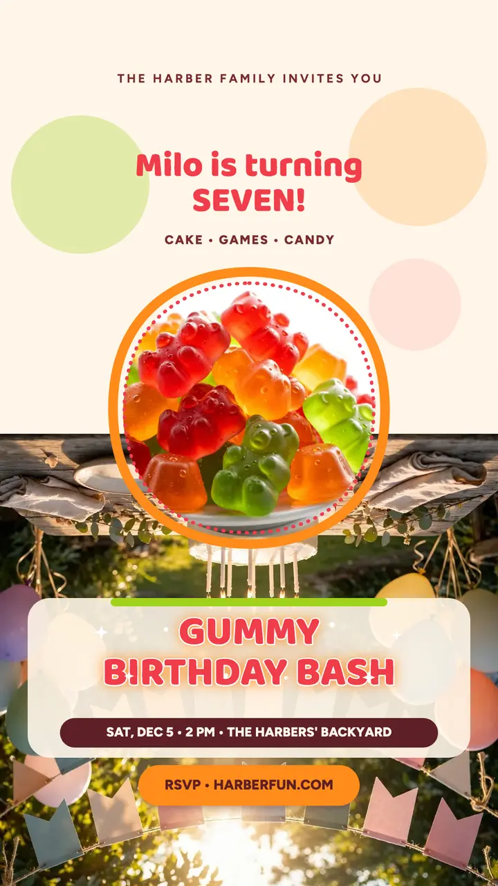Milo's gummy 7th birthday invite, backyard party template