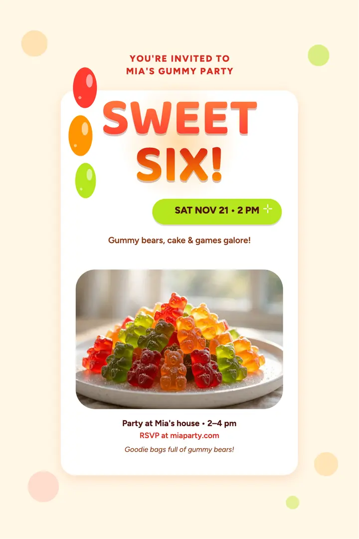 Mia's gummy sweet six party poster template
