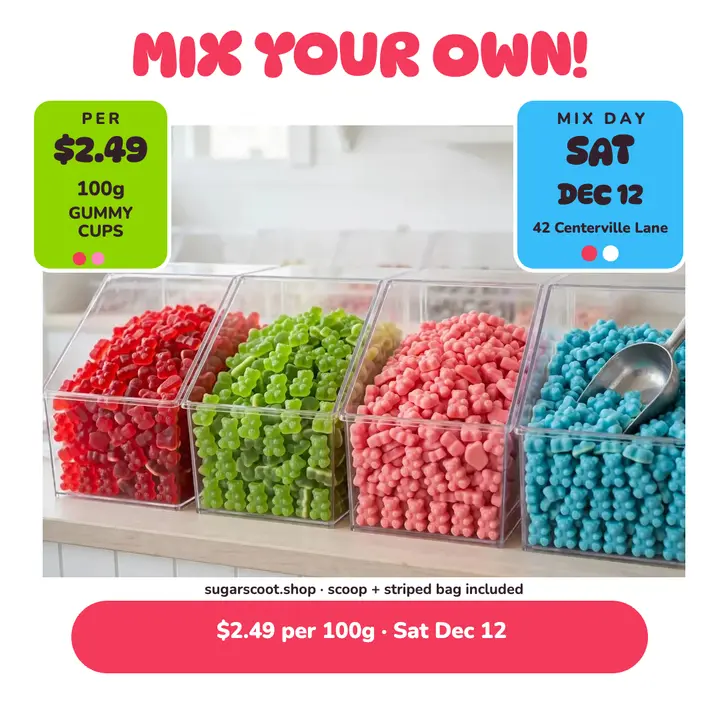 Sugar Scoot gummy cup mix square post: candy shop post template