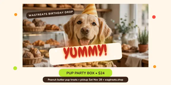 Wagtreats gummy pup birthday treats post: dog bakery birthday post template