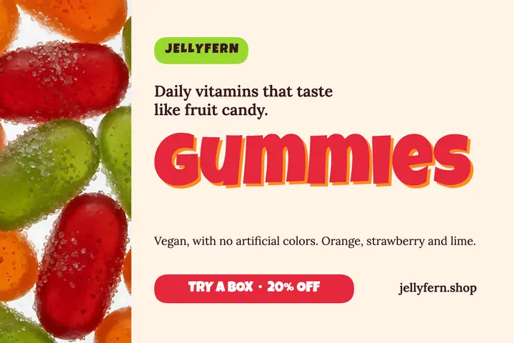 Jellyfern gummy vitamins postcard, gummy jelly: gummy vitamin postcard template