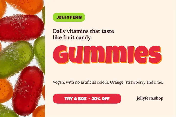 Jellyfern gummy vitamins postcard, gummy jelly template