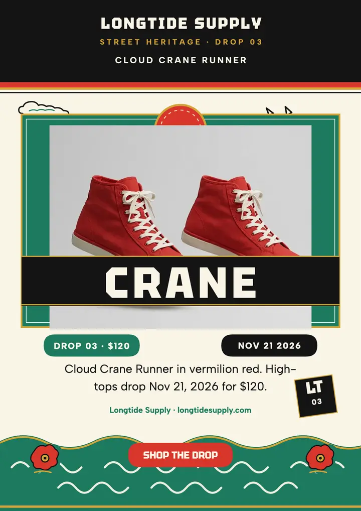 Longtide Crane sneaker drop flyer template