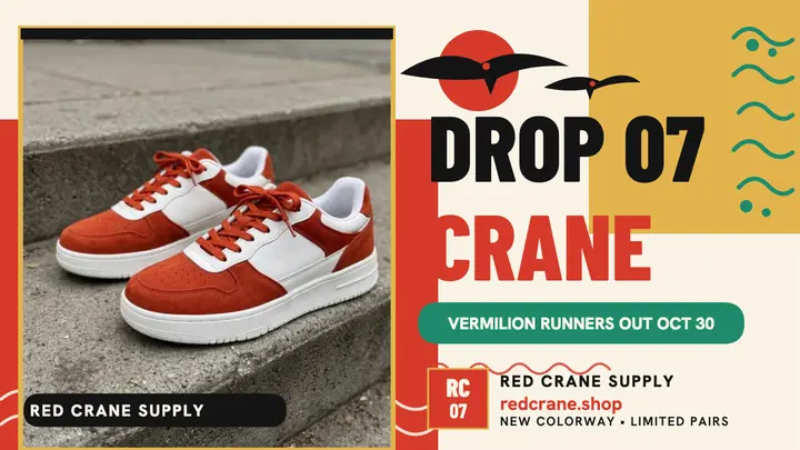 Red Crane sneaker drop thumbnail template
