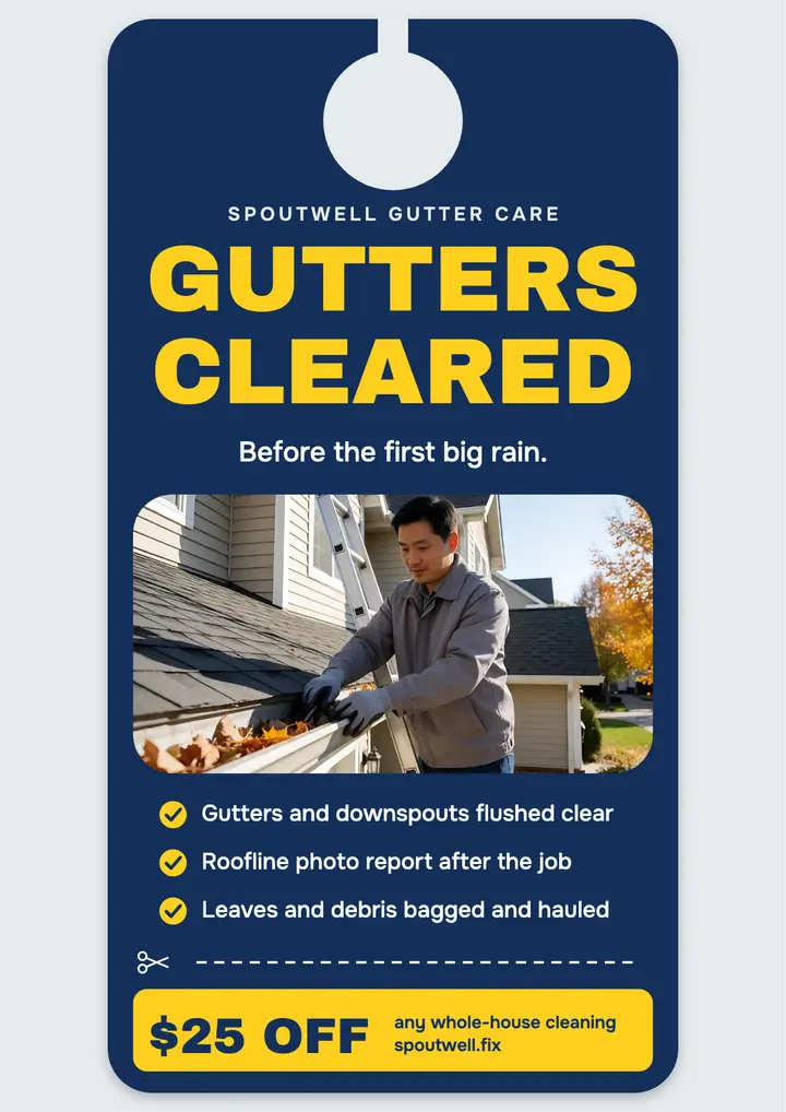 Gutter cleaning door hanger with coupon template