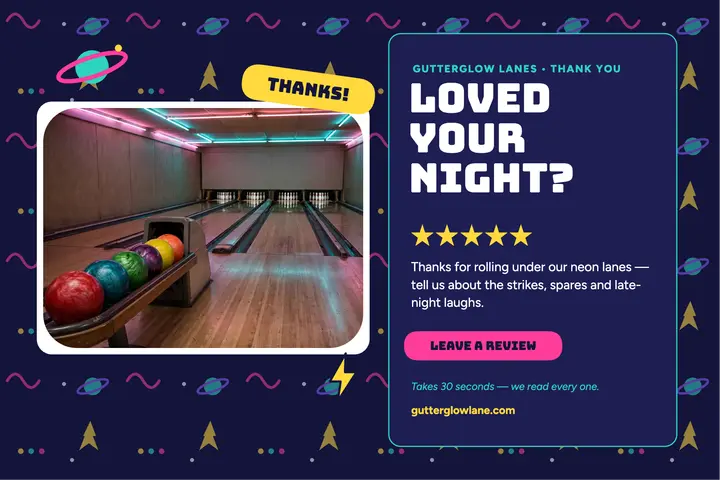 Gutterglow Lanes review thank-you postcard template