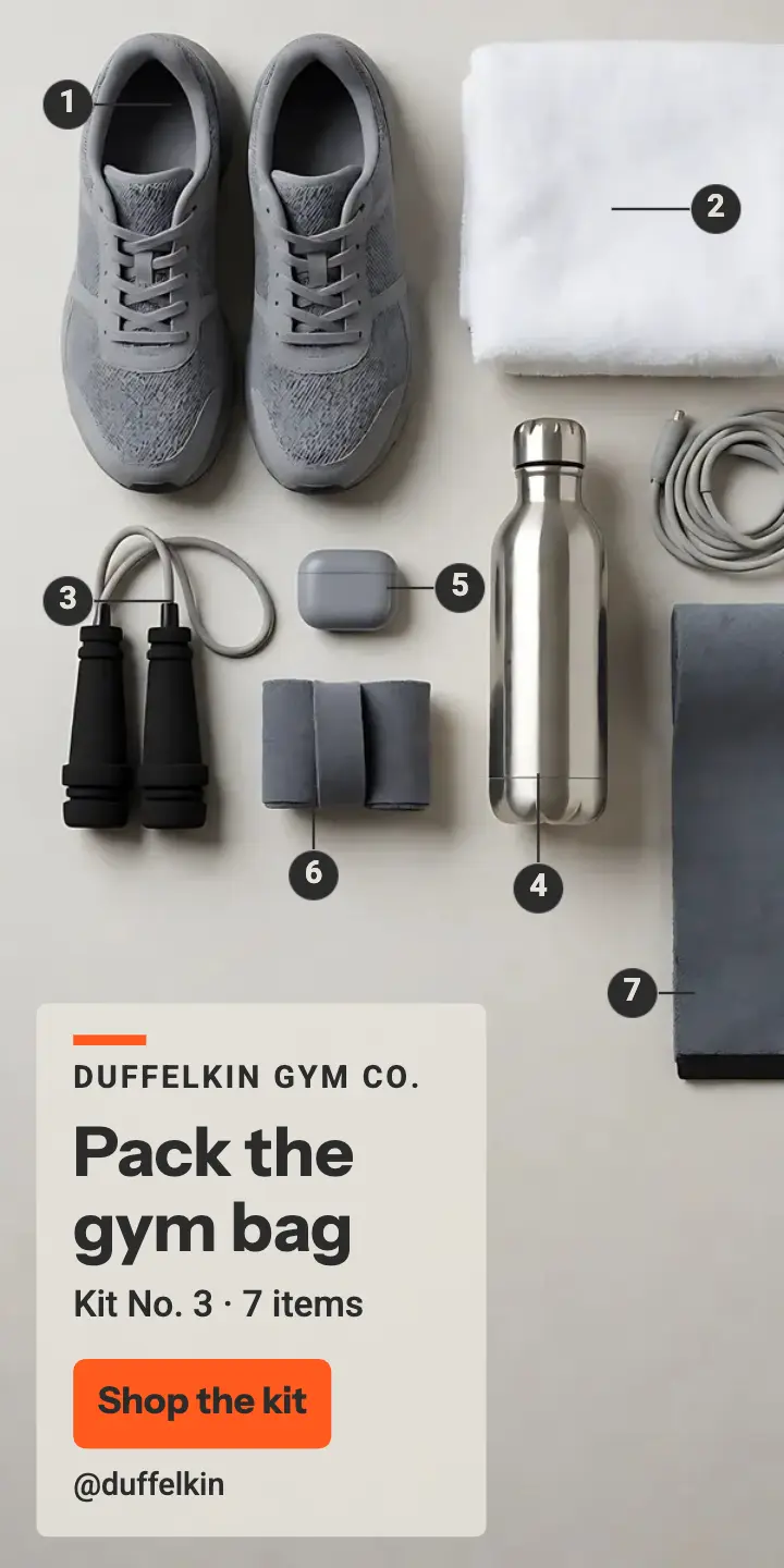 Duffelkin gym bag kit half-page ad, knolling flat-lay: gym bag kit display ad template