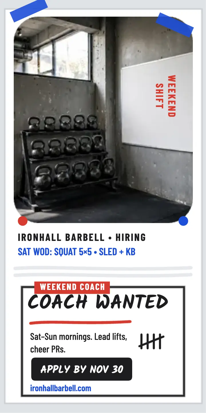 Ironhall Barbell weekend coach whiteboard ad: weekend gym coach ad template