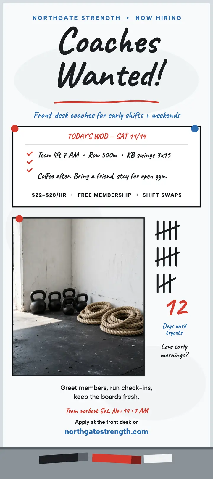 Northgate Strength coaches whiteboard rack card: gym hiring rack card template