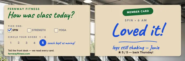 Fernway Fitness class feedback card: gym feedback header template
