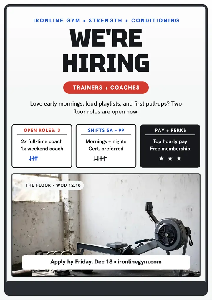 Ironline Gym trainers hiring whiteboard flyer template