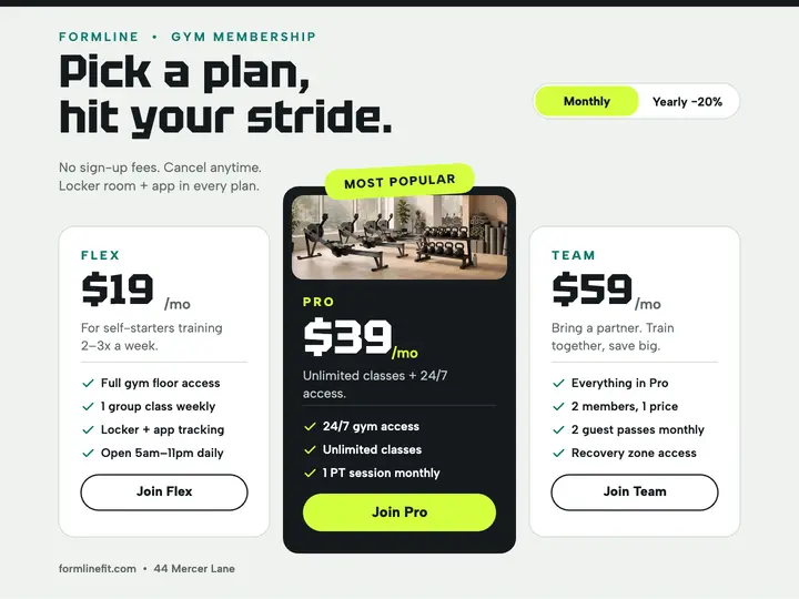 Formline gym membership pricing slide: gym pricing slide template