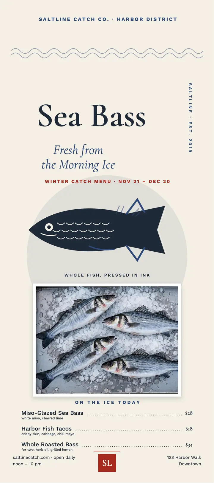 Saltline winter sea bass catch menu template