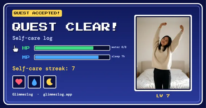 Glimmerlog self-care streak quest menu post template