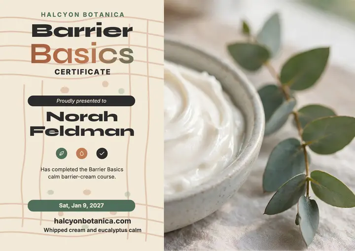 Halcyon Botanica barrier cream certificate template