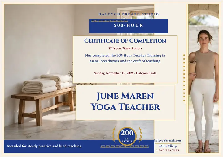 Halcyon Breath yoga teacher certificate: yoga teacher certificate template