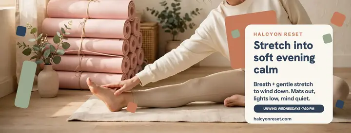 Halcyon Reset evening stretch cover: wellness facebook cover template