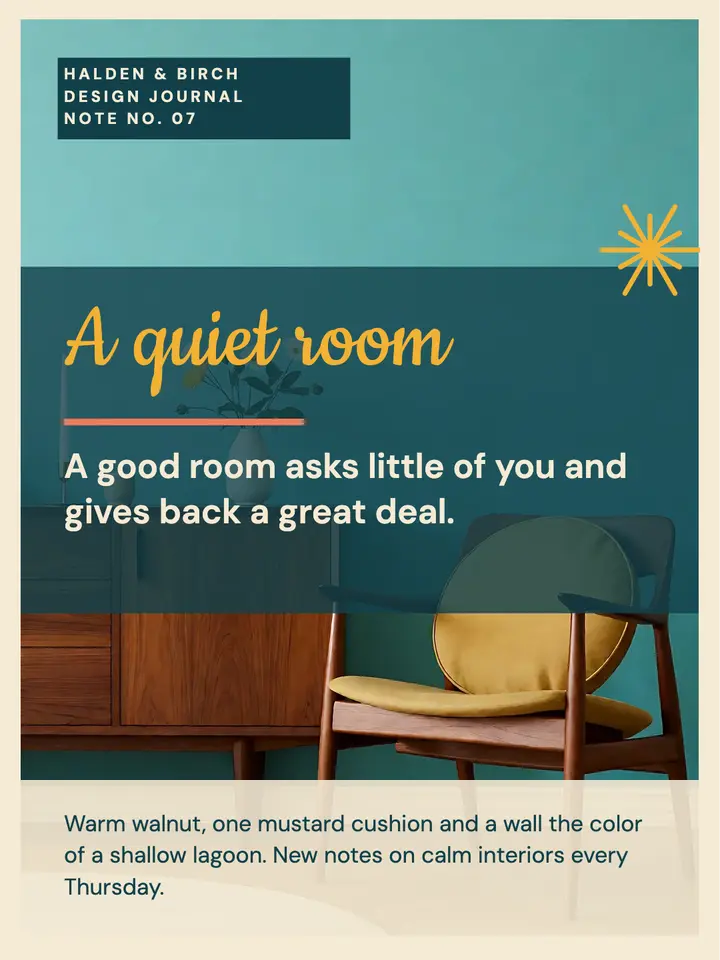 Halden & Birch quiet room quote post, mid-century modern template