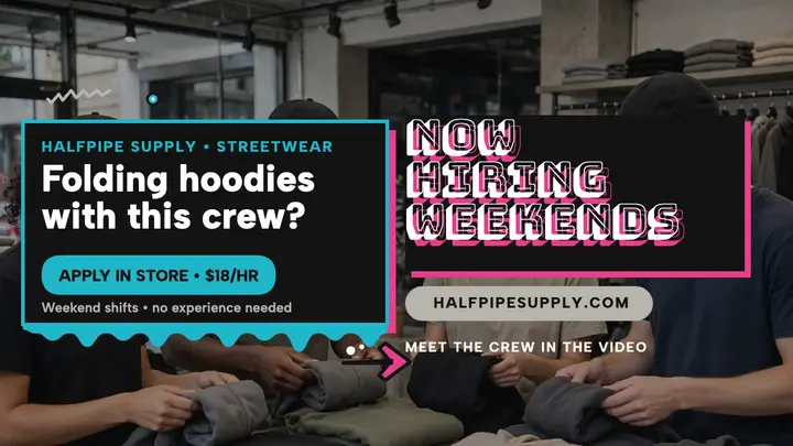 Halfpipe Supply weekend crew hiring thumbnail template