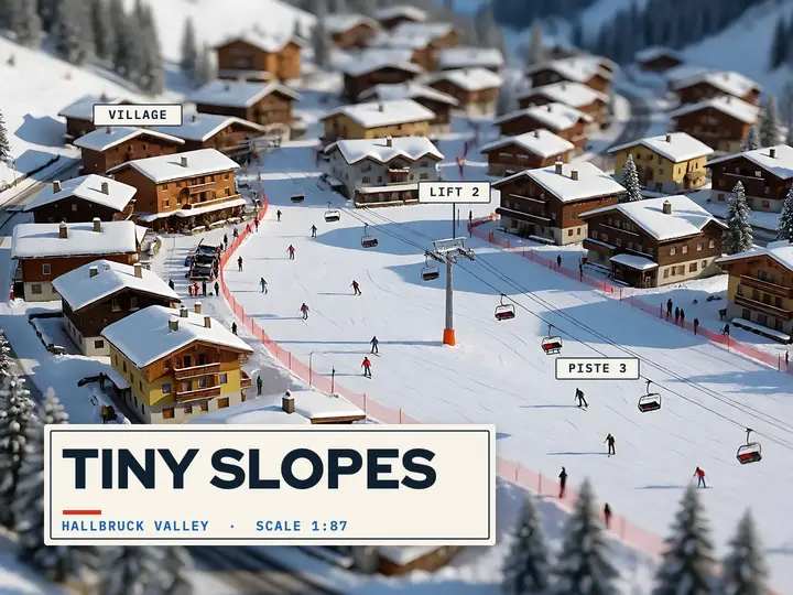 Ski village slide, tilt-shift miniature: ski resort presentation slide template