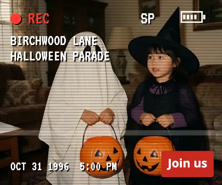 Birchwood Lane Halloween parade ad, camcorder tape template